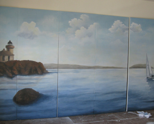 murals trompe l'oeil doorways and views View From the San Juan Islands Mural Seattle seaside ocean orca whales landscape Woodinville