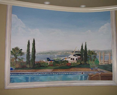 murals trompe l'oeil doorways and views Close Up of Secret Room With a View Mural - View of Front yard Kirkland swimming pool yacht float plane cypress trees Tacoma
