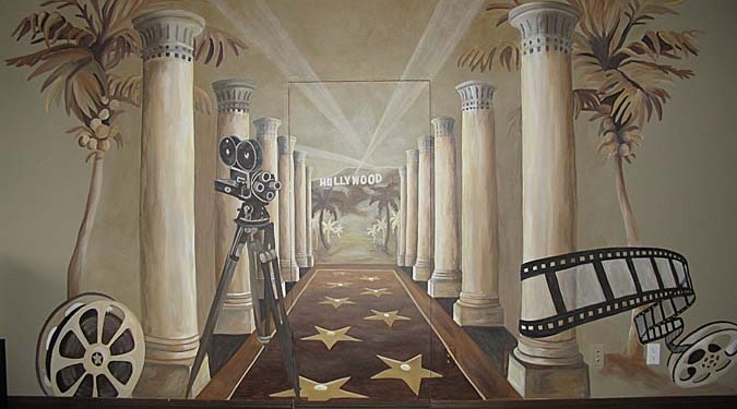 Sepia Murals Hollywood Mural in Home Theater Redmond film reel hollywood columns mural painter Seattle