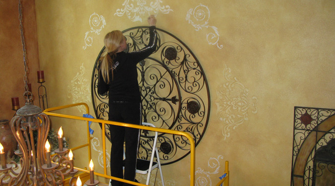 Raised Plaster Scroll Designs in Entry Seattle houzz iron medallion desiigmer details mural artist Bellevue Tacoma ideas decorating damask scroll wall designs