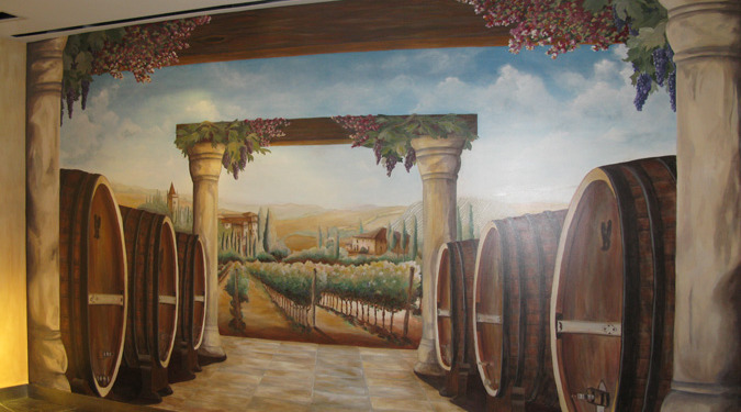 Wine Barrel and Vineyard Mural at the Venetian Hotel Las Vegas interior designer ideas mural artist restaurant murals Redmond murals trompe l'oeil doorways and views