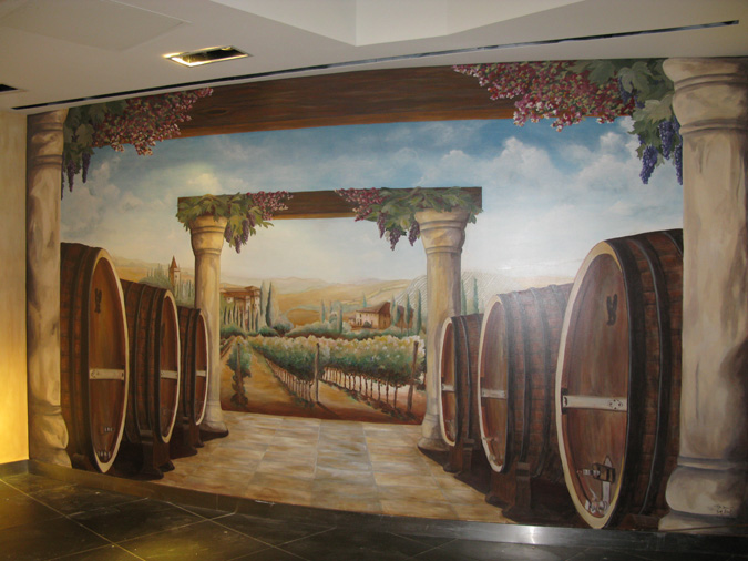 Wine Barrel and Vineyard Mural at the Venetian Hotel Las Vegas interior designer ideas mural artist restaurant murals Redmond murals trompe l'oeil doorways and views
