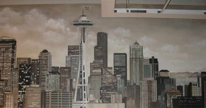 Sepia Murals Seattle Skyline Mural in Commerical Office Seattle space needle skyscrapers mural painter muralist Kirkland