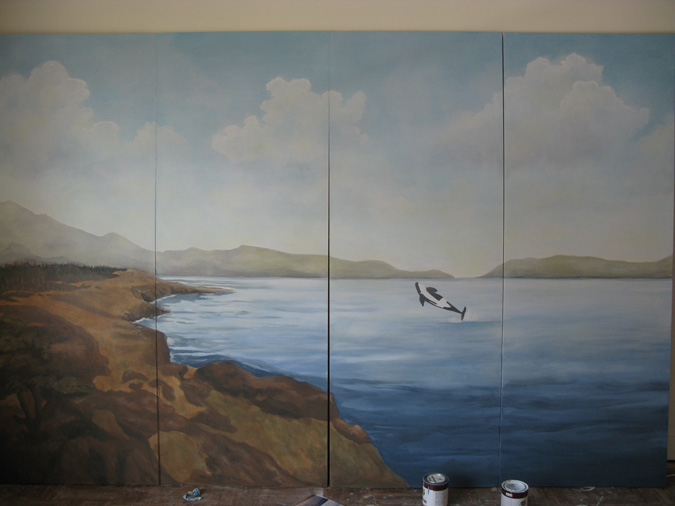 murals trompe l'oeil doorways and viewsView From the San Juan Islands Mural Seattle muralist landscape water orca whales Redmond