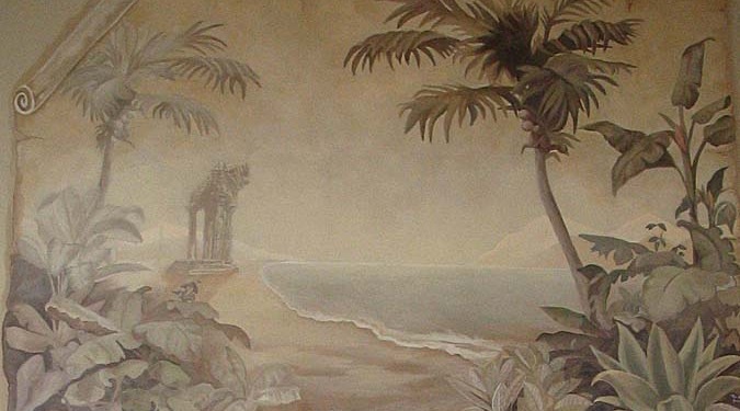 Sepia Murals Palm Trees and Beach Tropical Parchment Mural Bellevue tropical mural artist sepia mural Seattle