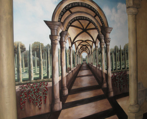 Seattle Mural Dimensional Garden Pathway With Cypress Tress Side View Roman Casino Seattle design ideas columns mural painter restaurant murals Issaquah Tacoma